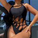 Load image into Gallery viewer, Black drawstring one piece swimsuit

